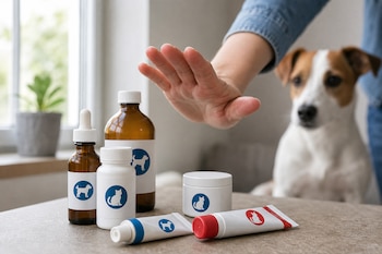 Una mano extendida sobre varios frascos y tubos de medicamentos para mascotas, con un perro al fondo.