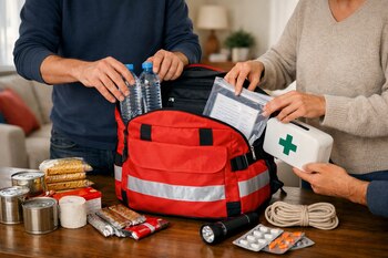 Dos personas empacan una mochila roja. Sobre la mesa se ven botellas de agua, un botiquín, documentos, alimentos enlatados, medicinas y una linterna.