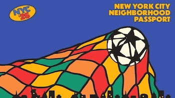 Ilustración de un balón de fútbol blanco y negro sobre un mosaico vibrante y skyline urbano, con textos "NYC '26" y "New York City Neighborhood Passport" en azul
