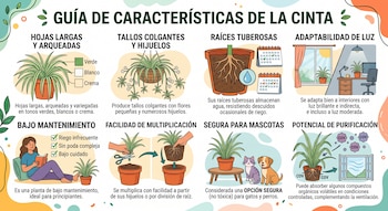 Infografía ilustrada con ocho secciones sobre la planta cinta, con dibujos de hojas, raíces, macetas, sol, un perro, un gato y una ventana