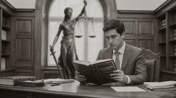 Imagen monocromática de un joven abogado en traje leyendo un libro sobre un escritorio de madera. Al fondo, una estatua borrosa de la Dama de la Justicia.