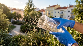 Manos con guantes azules de nitrilo sostienen un tubo transparente del que salen mosquitos hacia un parque con edificios de fondo.