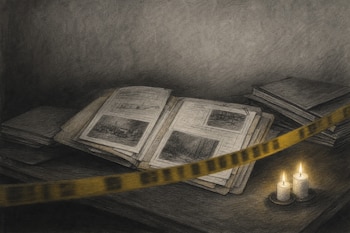 Dibujo a lápiz de carpetas abiertas con documentos y fotografías, una cinta policial amarilla cruzada y dos velas encendidas.