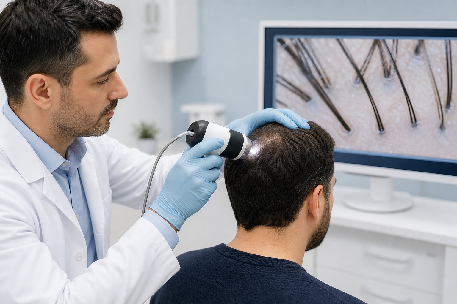 Un especialista examina el cuero cabelludo de un paciente mediante un tricoscopio digital conectado a un monitor. (Imagen Ilustrativa Infobae)