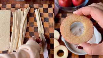pasos de la elaboración de la receta. Una mano cortando hojaldre crudo y otra rebozazndo la manzana en azúcar y canela
