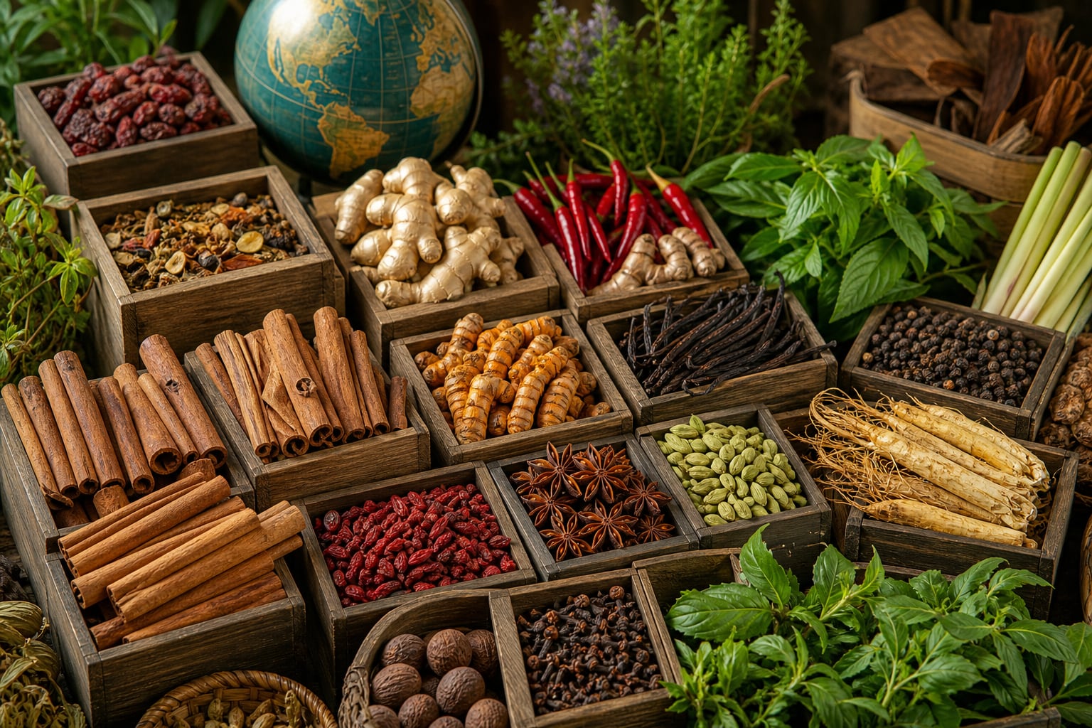 Diversas especias medicinales y hierbas aromáticas importadas de distintas regiones descansan en recipientes de madera junto a un globo terráqueo. (Imagen Ilustrativa Infobae)