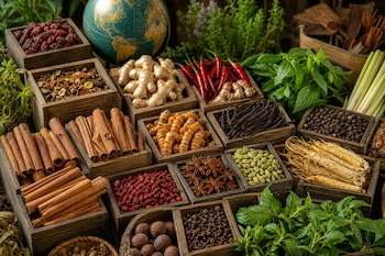 Cajas de madera llenas de canela, anís estrellado, jengibre, chiles, cardamomo, ginseng, clavo de olor y un globo terráqueo al fondo.