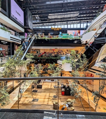 Interior de un centro comercial de varios pisos con escaleras mecánicas, tiendas, personas y árboles plantados en la planta baja