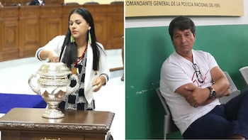 Díptico. Una mujer en un blazer blanco introduce su mano en un recipiente plateado. Un hombre con camiseta blanca y jeans cruza sus brazos