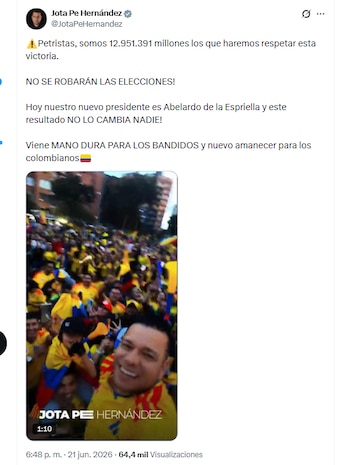 El congresista Jota Pe Hernández celebró la victoria de Abelardo de la Espriella - crédito @JotaPeHernandez/X