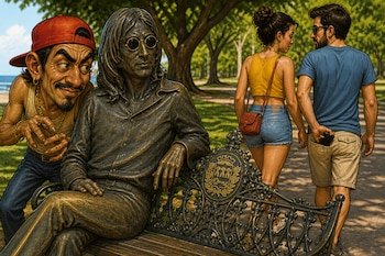 Ilustración de una estatua de bronce en un banco y un hombre que observa a una pareja que camina de espaldas por un parque.