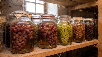 Frascos de cristal cerrados con racimos de uvas rojas y verdes en su interior, alineados sobre una repisa de madera con telarañas.