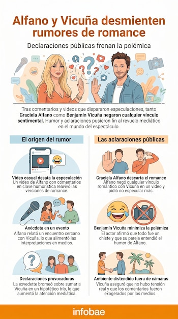 Infografía con ilustraciones de Graciela Alfano y Benjamín Vicuña, y gráficos que resumen la controversia sobre un supuesto romance y sus desmentidas.