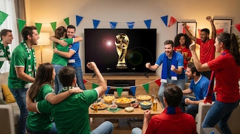 Un grupo de amigos viendo un partido de fútbol en televisión que muestra la Copa del Mundo, algunos con camisetas verdes, azules y rojas, celebrando en una sala con comida y banderines.