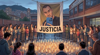 Ilustración de una velatón nocturna en un colegio de Bogotá con personas sosteniendo velas y una pancarta grande con la foto de un hombre y la palabra 'JUSTICIA'.