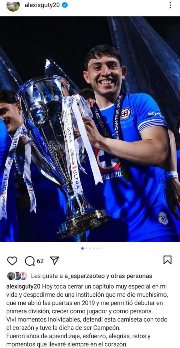 Alexis Gutiérrez se despidió de Cruz Azul y de los aficionados celestes en una publicación a través de Instagram (Captura de pantalla)