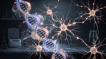 Una doble hélice de ADN iluminada y varias neuronas ramificadas sobre el fondo de una mesa de laboratorio con instrumental científico.