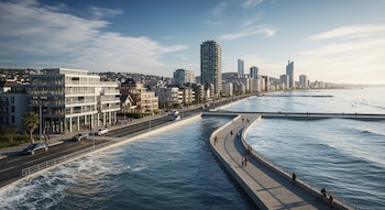 Vista aérea de una ciudad costera moderna donde el agua del mar cubre parcialmente una carretera y paseos, con edificios y personas en el fondo bajo un cielo azul.