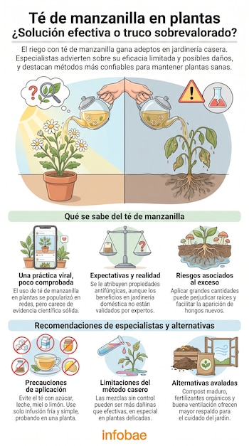 Manos con teteras vierten té sobre plantas. Iconos de interrogación, lupa, peligro y laboratorio. Gráficos de celular, balanza, hongos, prohibiciones y test de plantas. Logos Infobae.