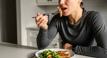 Primer plano de una mujer vistiendo ropa de entrenamiento gris, comiendo un trozo de pollo a la parrilla de un plato con ensalada en la cocina de su casa.