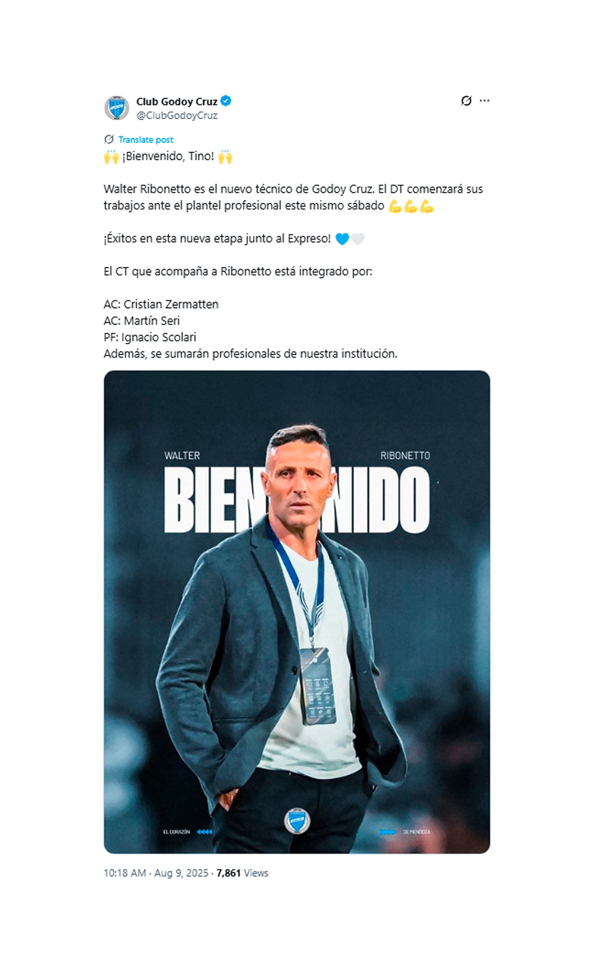 Walter Ribonetto fue oficializado como nuevo DT a las 10:18 del sábado