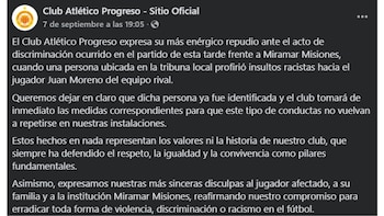 El Club Atlético Progreso rechazó los actos que se presentaron la tarde del domingo 7 de septiembre de 2025 en el estado Abraham Paladino, en Montevideo - crédito Club Atlético Progreso - Sitio Oficial/Facebook