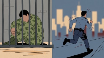 Ilustración plana dividida: a la izquierda, un hombre en uniforme militar verde detrás de barrotes; a la derecha, un hombre en uniforme policial azul corriendo con un fondo urbano difuso.