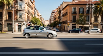 Un coche compacto plateado con tres puertas se mueve por una calle de ciudad, con edificios, árboles y palmeras en ambos lados y el fondo desenfocado.
