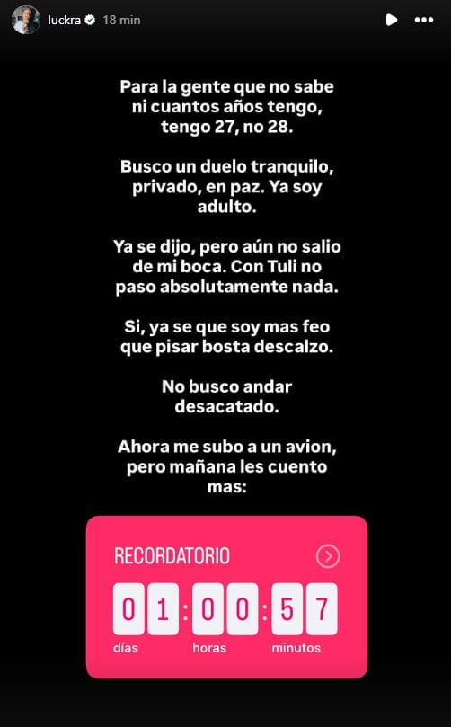 El descargo de Luck Ra tras su separación de La Joaqui (Instagram)