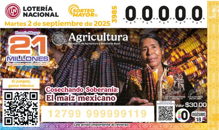 El billete del sorteo de este martes hace un homenaje a la riqueza del maíz mexicano. (Lotenal)