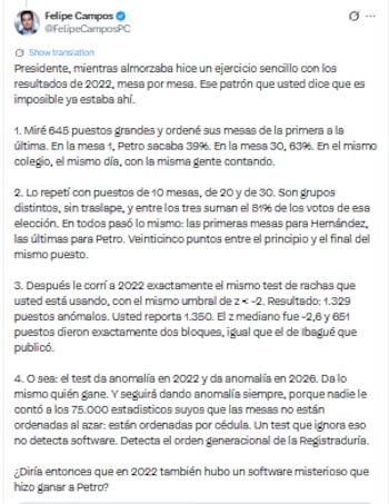 Aclaran presunto fraude electoral denunciado por Petro - crédito @FelipeCamposPC/X