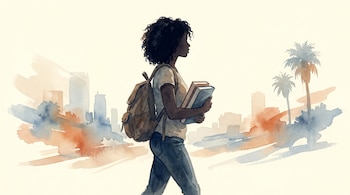 Ilustración en acuarela de una joven de perfil con mochila y libros, sobre un fondo de edificios y palmeras.
