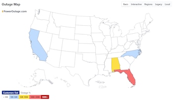 Mapa de Estados Unidos de PowerOutage.com con Florida coloreada en rojo, Alabama en amarillo y otros estados en azul claro