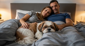 Un perro Shih Tzu blanco y marrón oscuro yace en una cama gris, acurrucado entre un hombre y una mujer que lo acarician con las manos.