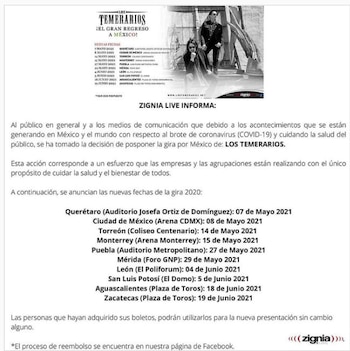 Comunicado oficial sobre la gira