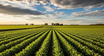 Extensos campos verdes de soja organizados en hileras, un camino de tierra, una línea de árboles distantes y un cielo con nubes.