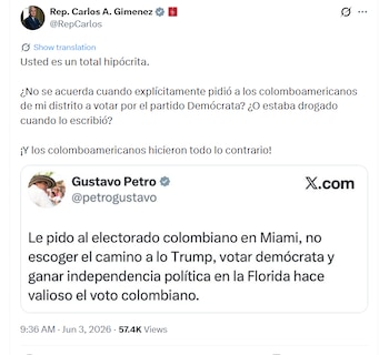 El congresista estadounidense recordó una publicación de Petro de 2022 en la que pidió a los colombianos en Miami votar por el Partido Demócrata - crédito @RepCarlos/X