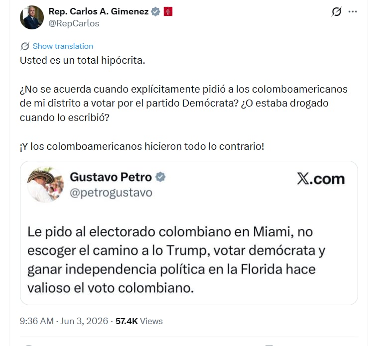 El congresista estadounidense recordó una publicación de Petro de 2022 en la que pidió a los colombianos en Miami votar por el Partido Demócrata - crédito @RepCarlos/X