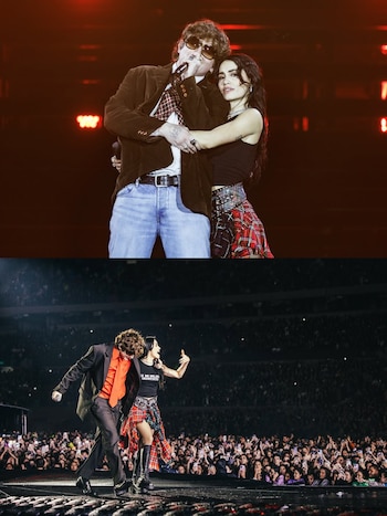 En dos imágenes, Lali Espósito y Dillom en el escenario. Arriba, Lali abraza a Dillom mientras canta. Abajo, se mueven frente a una multitud