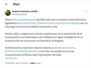 Gustavo Quintero felicitó a