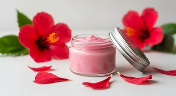 Fotografía de un frasco de vidrio con bálsamo labial rosado y tapa metálica. Rodeado de flores frescas de jamaica y pétalos sobre una superficie clara.