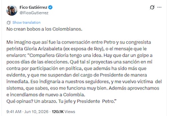 Fico Gutiérrez recreó una supuesta conversación previa entre el presidente Gustavo Petro y la representante a la Cámara Gloria Arizabaleta - crédito @FicoGutierrez/X