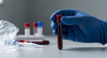 Mano enguantada en azul sostiene un tubo con sangre; en mesada de laboratorio se ven otros tubos, una pipeta y plástico transparente.