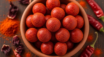 Un tazón de barro lleno de bolitas rojas cubiertas de chile en polvo, rodeado de chiles secos y un montículo de polvo de chile sobre una superficie oscura.