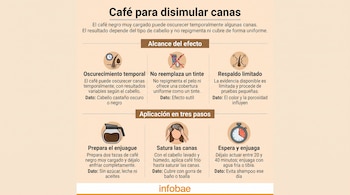 Infografía con texto e iconos sobre el café para canas, con tres puntos sobre el efecto y tres pasos para la aplicación.