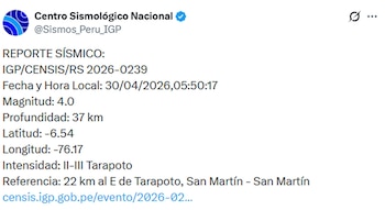 Captura de pantalla de un reporte sísmico del Centro Sismológico Nacional, mostrando los detalles de un sismo de magnitud 4.0 en San Martín