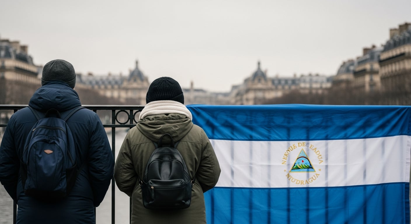 Dos figuras de espaldas observan la bandera de Nicaragua desplegada sobre una reja en París bajo un cielo gris, evocando una profunda nostalgia y una denuncia silenciosa de su situación. (Imagen Ilustrativa Infobae)