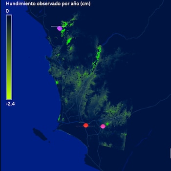Las zonas con un verde más intenso indican un mayor hundimiento por año.