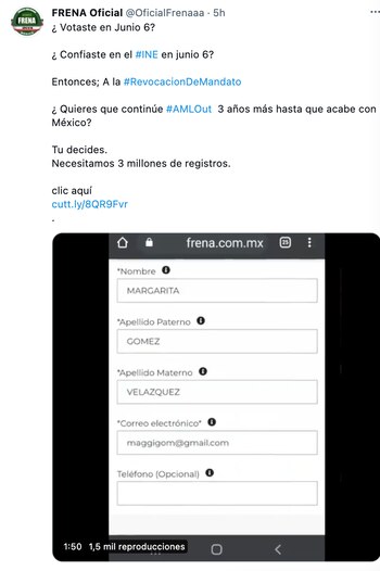 FRENAAA busca la revocación de mandato de López Obrador (Foto: Twitter@OficialFrenaaa)