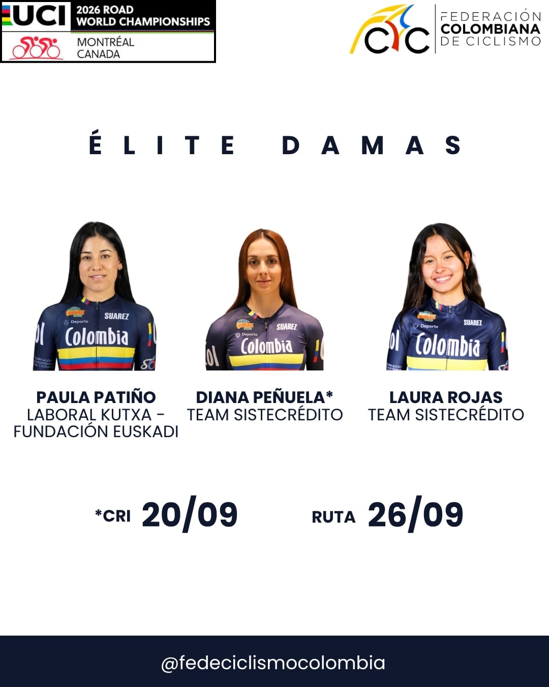 La selección femenina de élite de Colombia estará integrada por Diana Peñuela, Paula Patiño y Laura Rojas en el Mundial de Ruta de Montreal 2026-crédito Federación Colombiana de Ciclismo